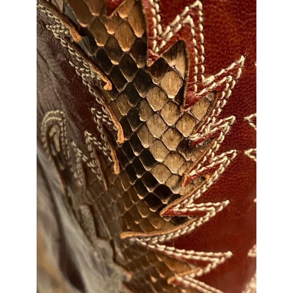 CORDONES Men's Cowboy Boots Size 9.5 Genuine SNAKE SKIN Red Brown Leather SPAIN